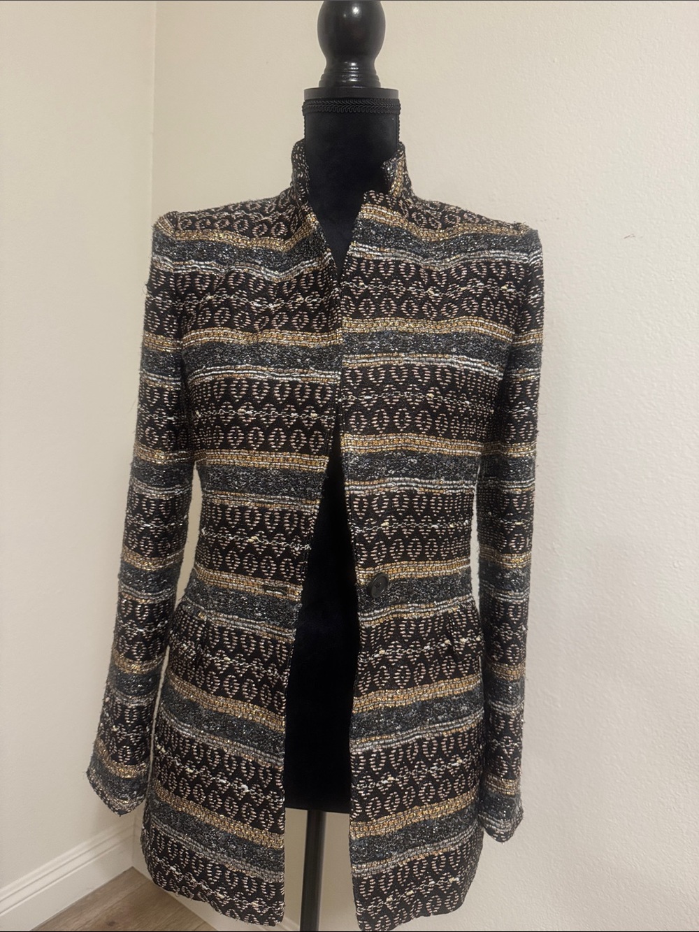 Alice + Olivia Black, Gold & Gray Patterned Long Blazer